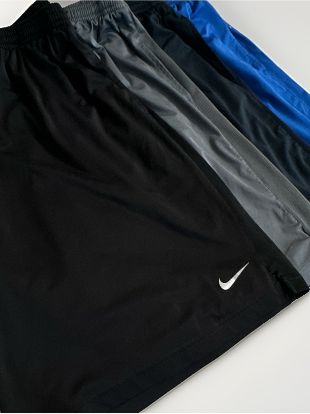 Nike Men’s Black and Blue Athletic Shorts with White Swoosh XL set of 3